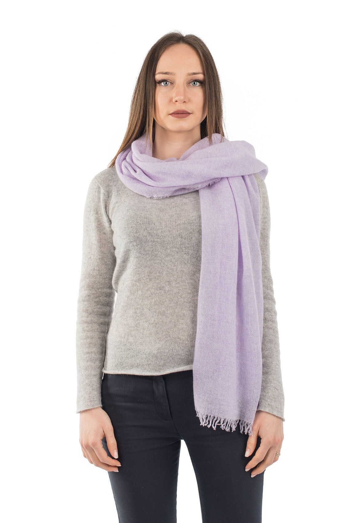 Women's 100% cashmere pashmina, colour Lilac, view 2 | Dalle Piane Cashmere