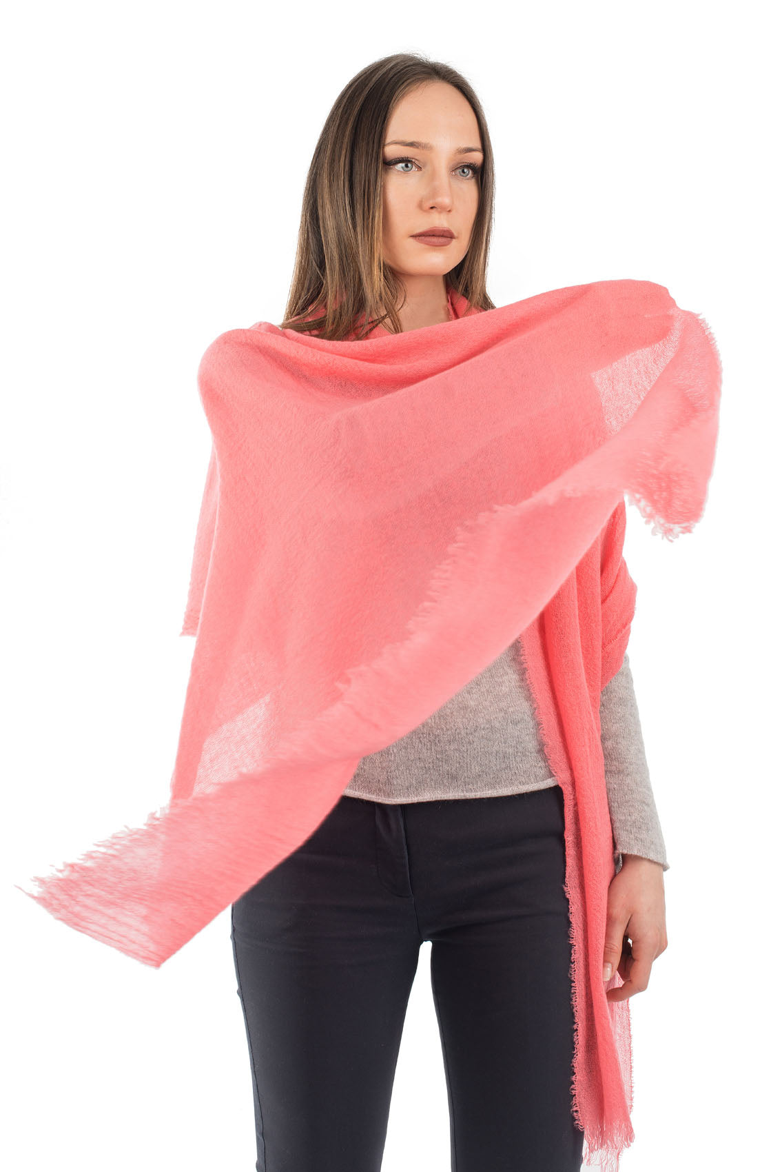 Women's 100% cashmere pashmina, colour Coral, view 3 | Dalle Piane Cashmere