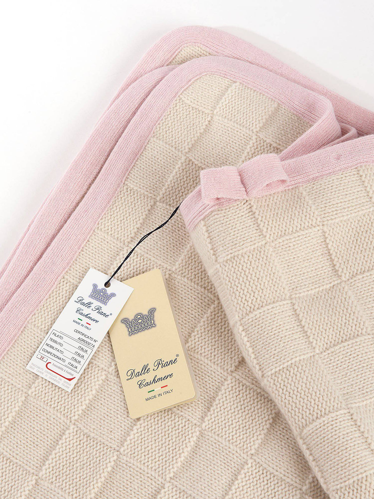 100% cashmere baby blanket with contrast edge, colour Pink, view 3 | Dalle Piane Cashmere