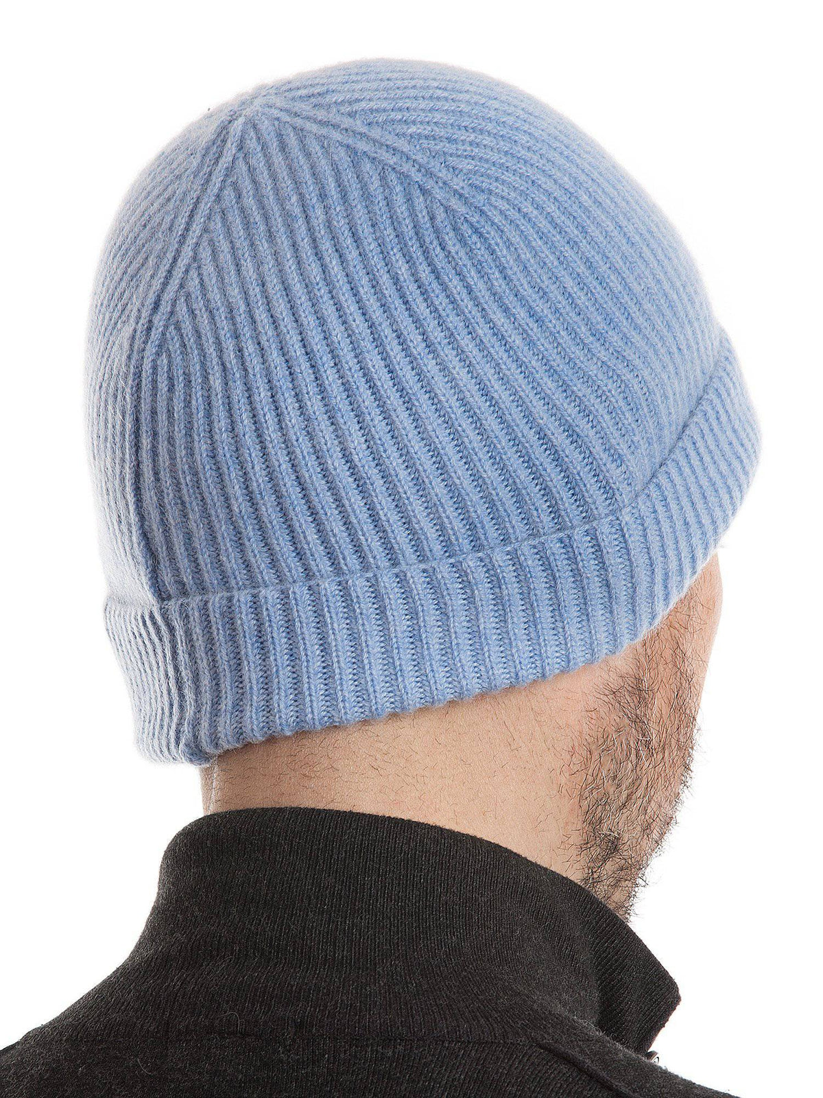 Men's fisherman's rib 100% cashmere beanie, colour Sky | Dalle Piane Cashmere
