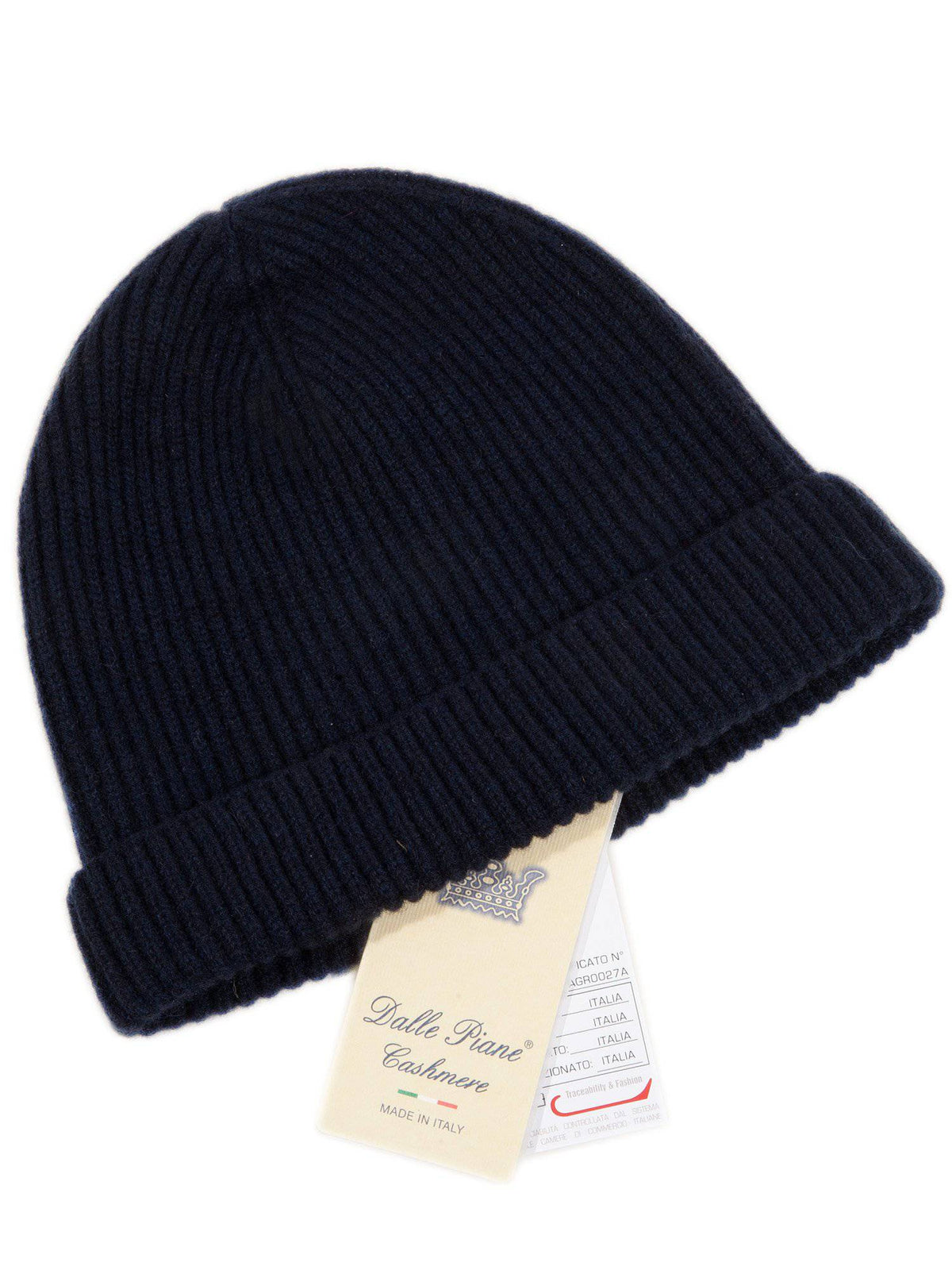 Men's fisherman's rib 100% cashmere beanie, colour Blue, view 2 | Dalle Piane Cashmere