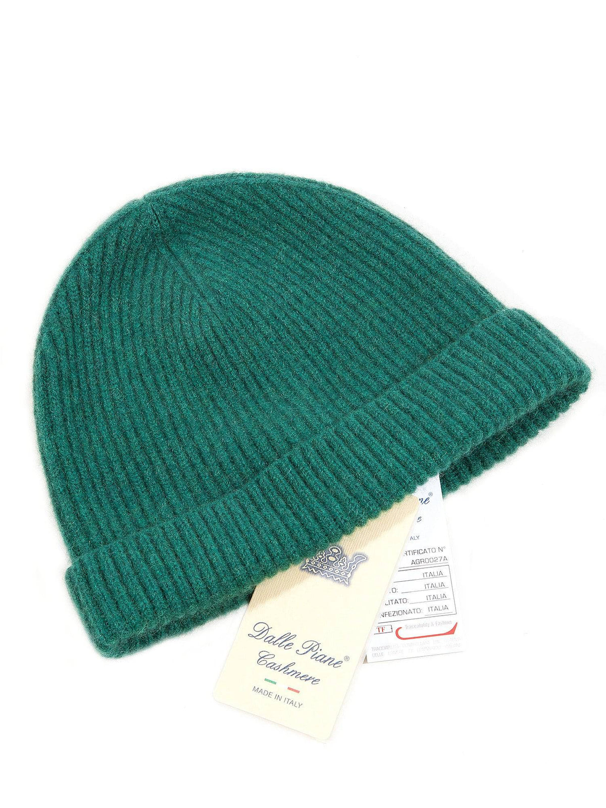 Women's fisherman's rib 100% cashmere beanie, colour Green, view 2 | Dalle Piane Cashmere