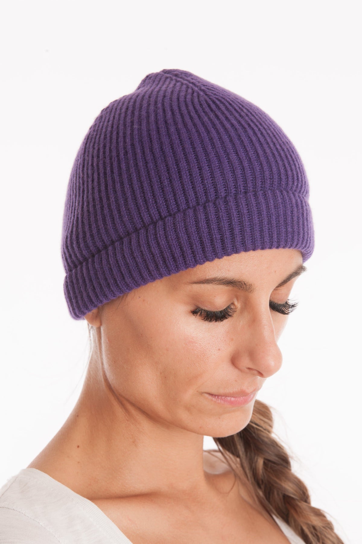 Women's fisherman's rib 100% cashmere beanie, colour Purple | Dalle Piane Cashmere