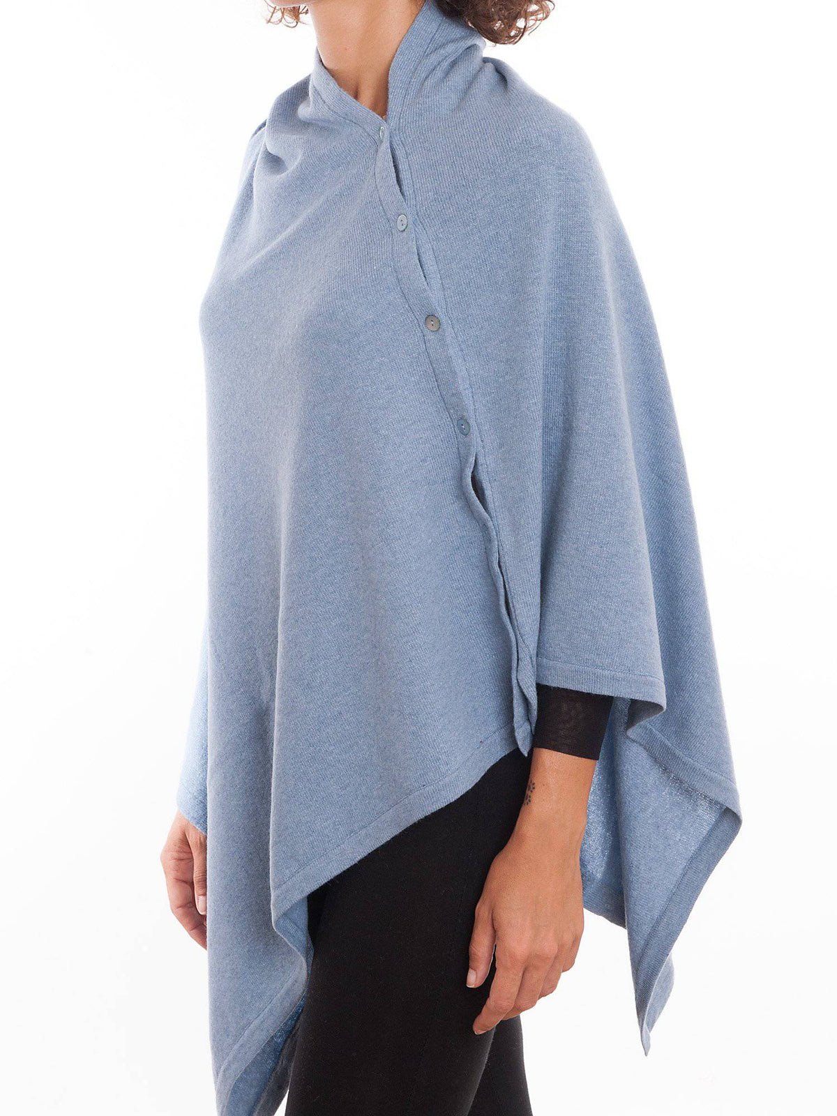 Cashmere blend poncho with buttons, colour Sky, view 3 | Dalle Piane Cashmere