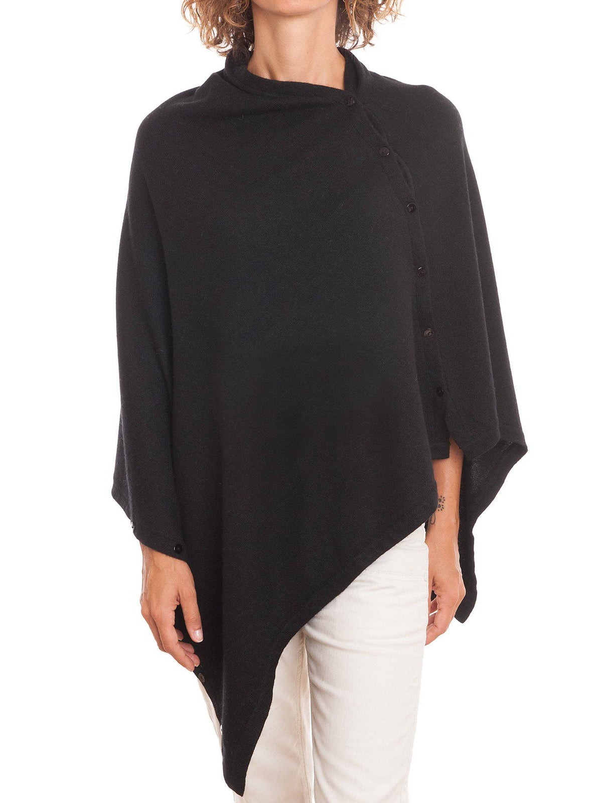 Cashmere blend poncho with buttons, colour Black | Dalle Piane Cashmere