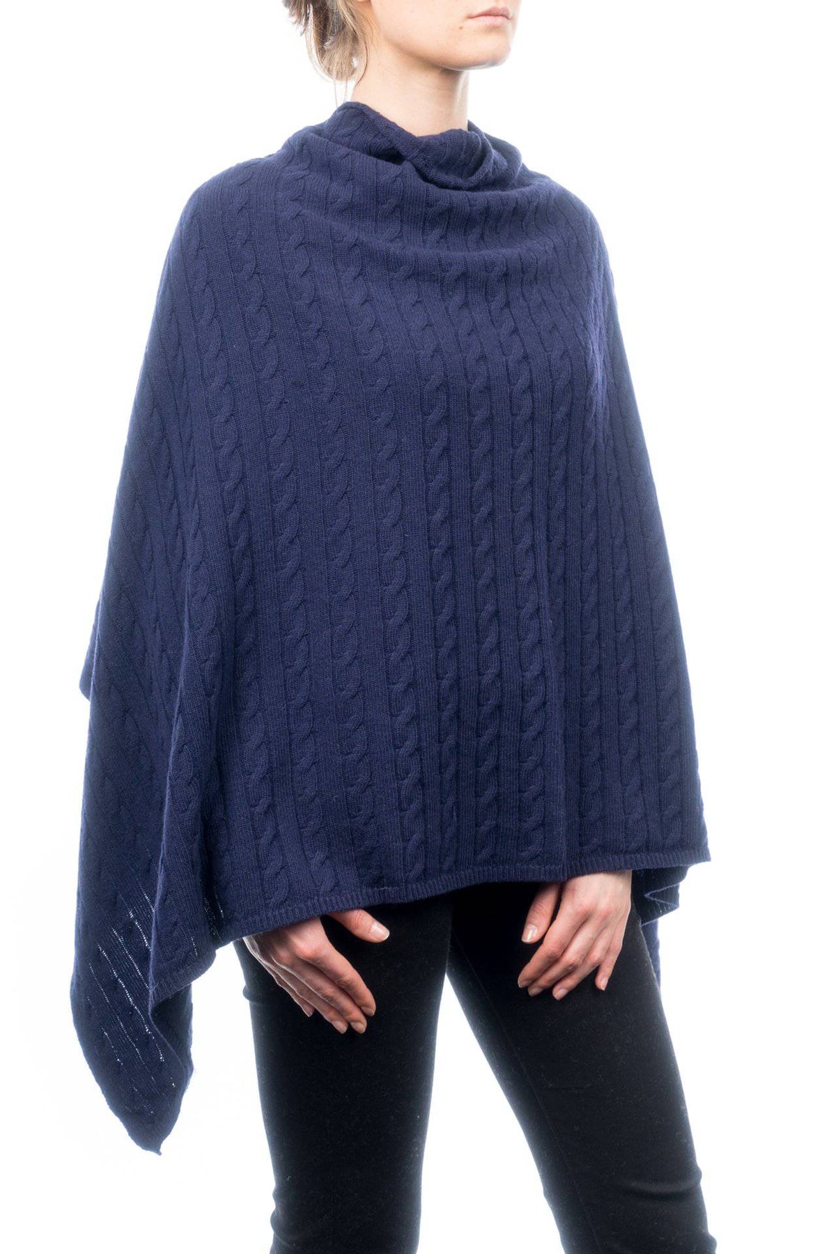 Cable-knit cashmere blend poncho, colour Blue | Dalle Piane Cashmere