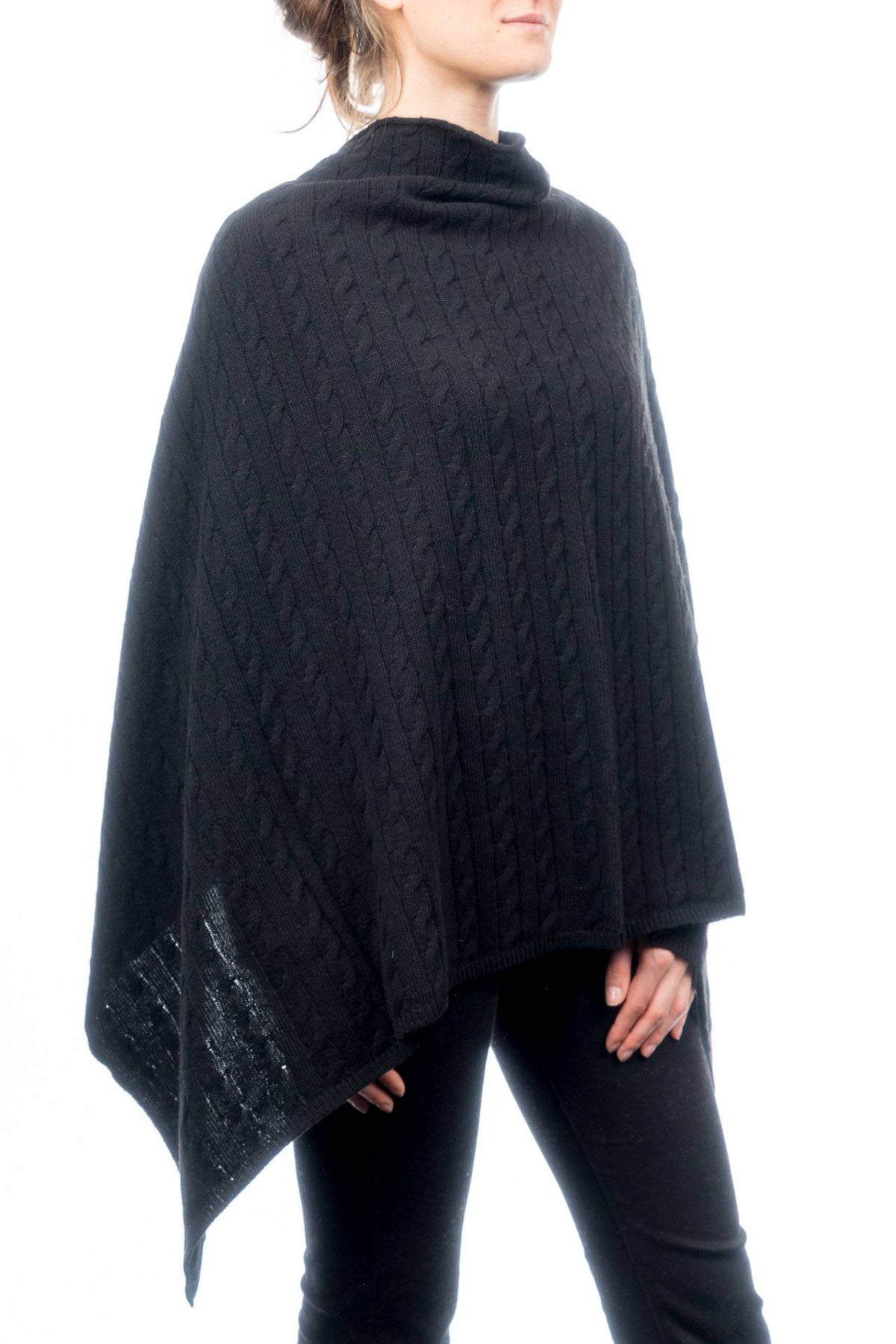 Cable-knit cashmere blend poncho, colour Black | Dalle Piane Cashmere