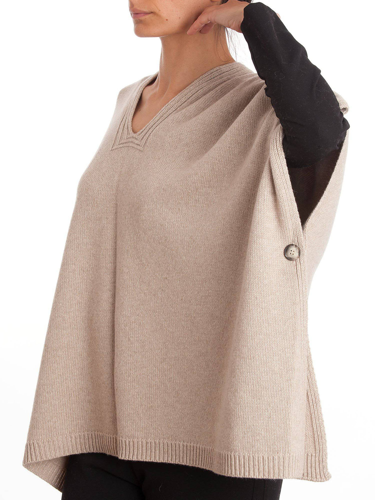 Cashmere blend cape with side buttons, colour Beige, view 2 | Dalle Piane Cashmere