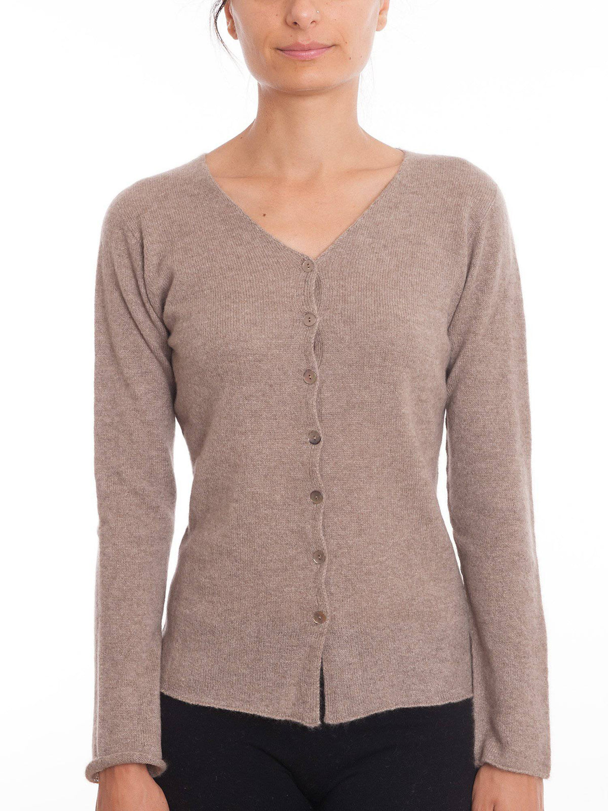 Women's 100% cashmere V-neck cardigan, colour Mink | Dalle Piane Cashmere