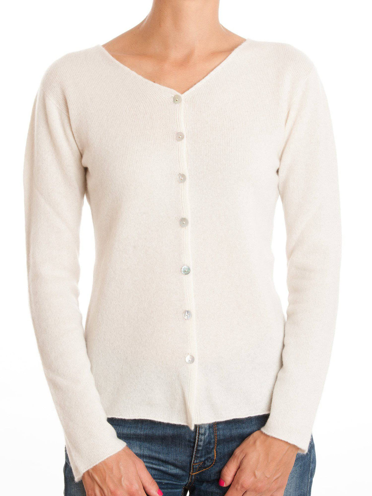 Women's 100% cashmere V-neck cardigan, colour Cream | Dalle Piane Cashmere
