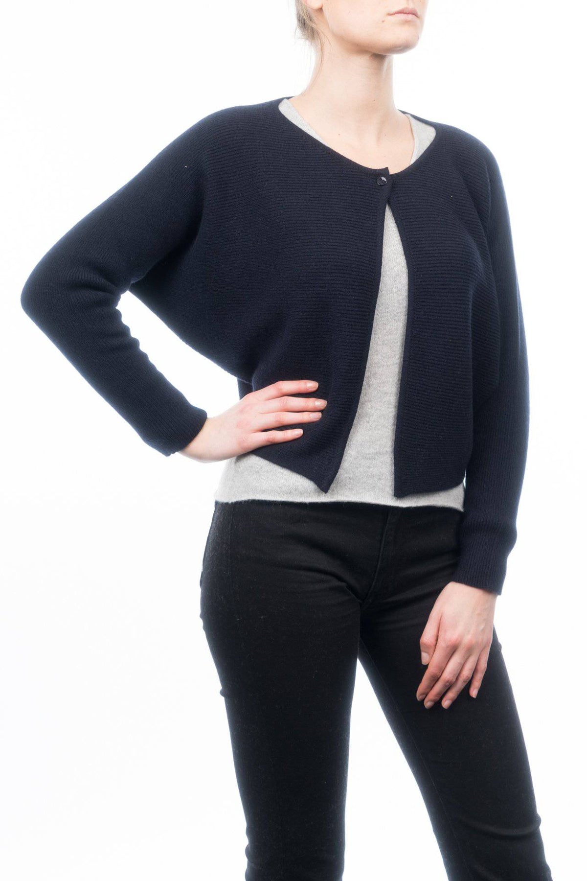 Women's 100% cashmere cropped cardigan, colour Blue | Dalle Piane Cashmere