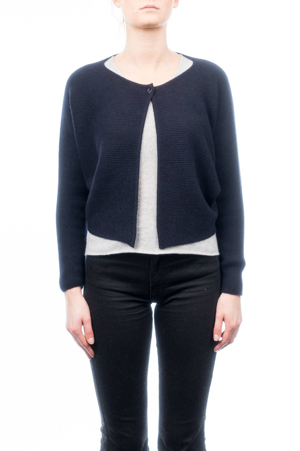 Women's 100% cashmere cropped cardigan, colour Blue, view 2 | Dalle Piane Cashmere