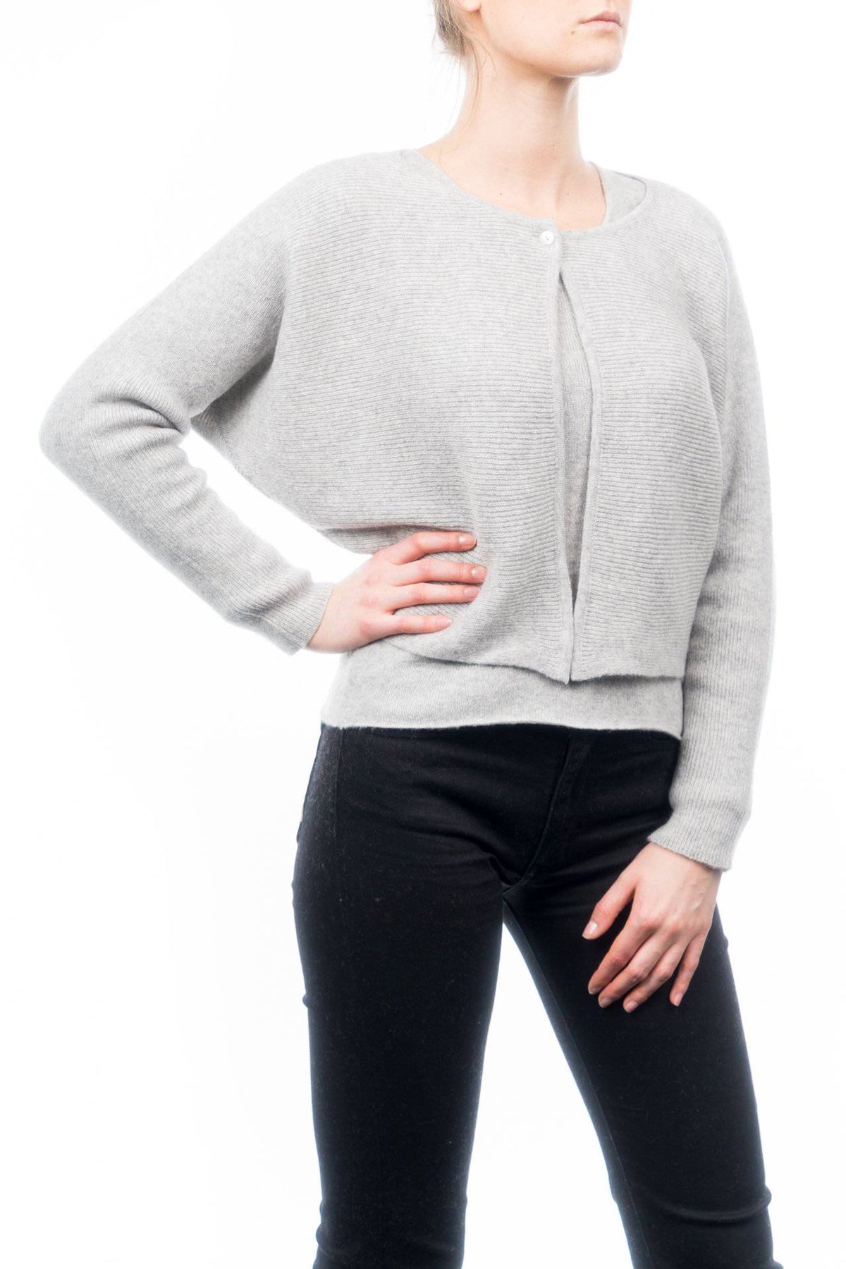 Women's 100% cashmere cropped cardigan, colour Grey, view 2 | Dalle Piane Cashmere