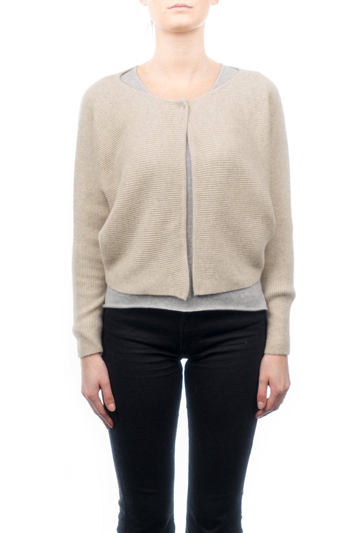 Women's 100% cashmere cropped cardigan, colour Beige, view 2 | Dalle Piane Cashmere