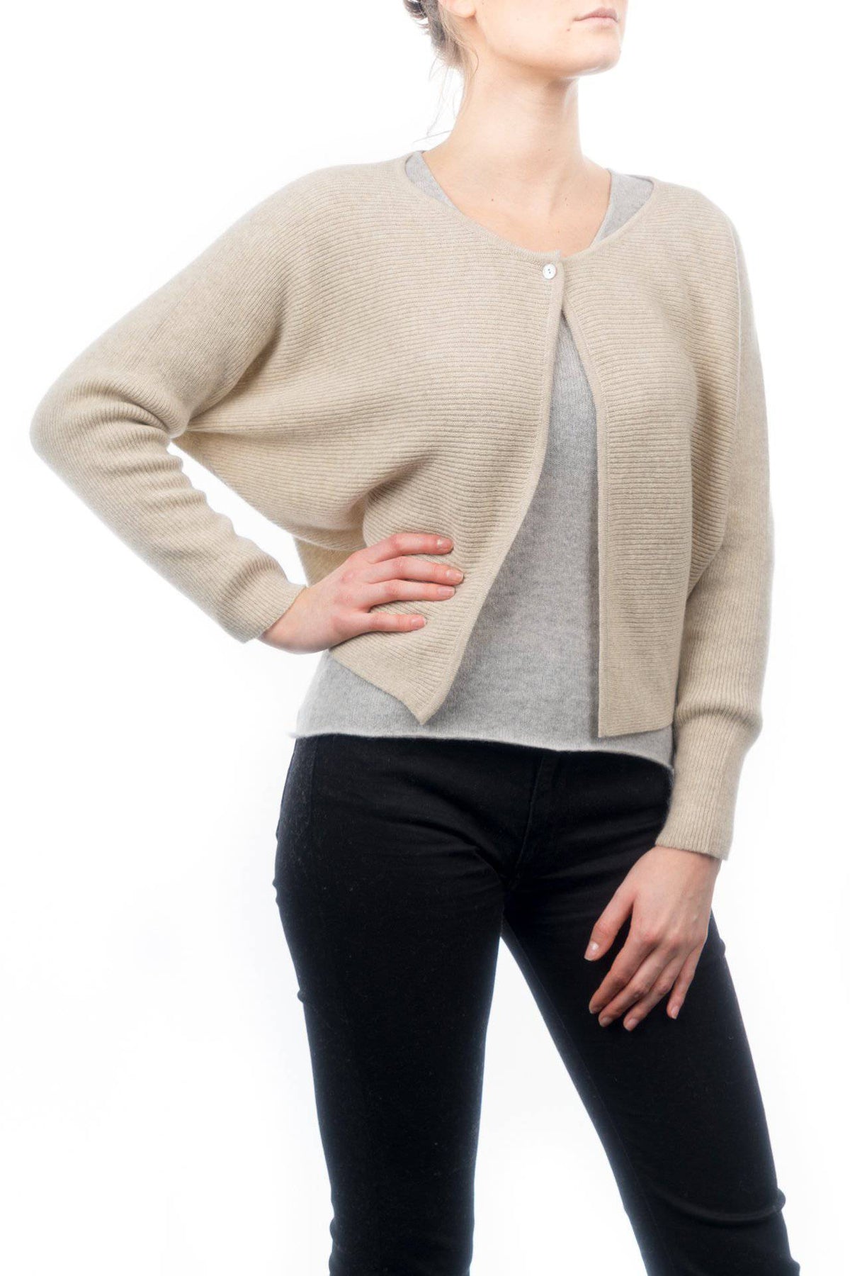 Women's 100% cashmere cropped cardigan, colour Beige | Dalle Piane Cashmere