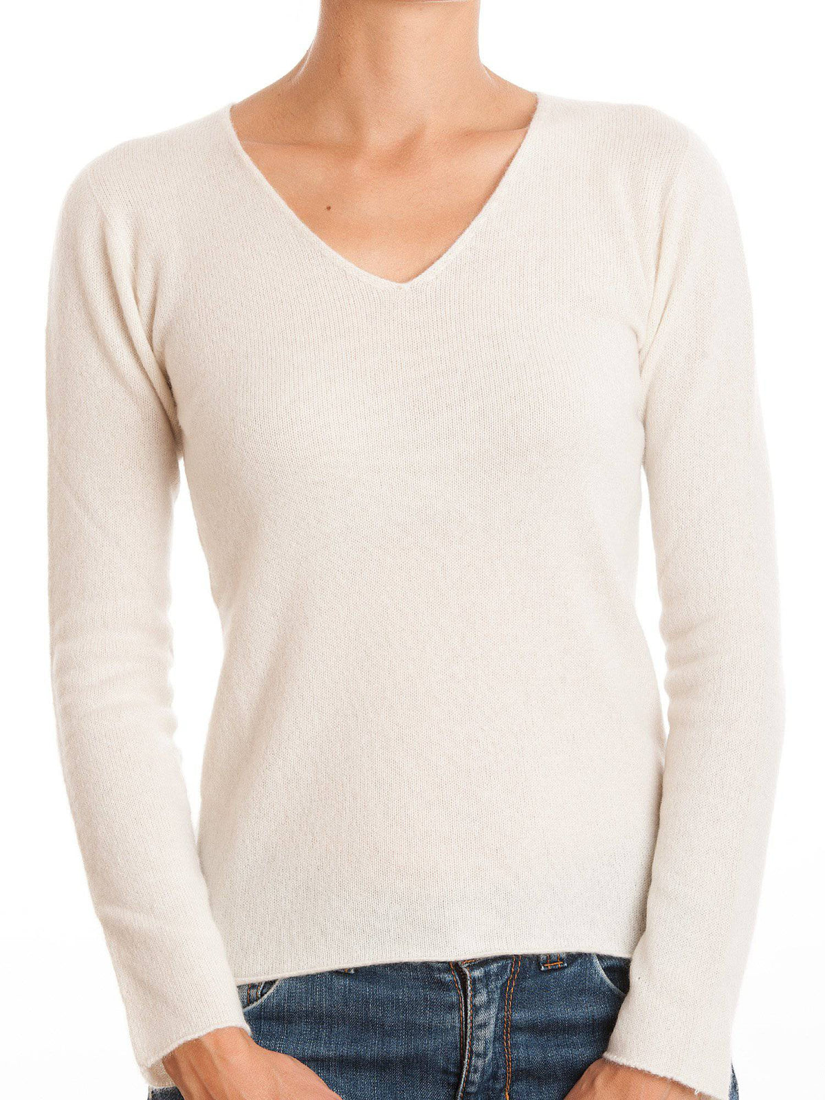 Women's 100% cashmere V-neck, colour Cream, view 2 | Dalle Piane Cashmere