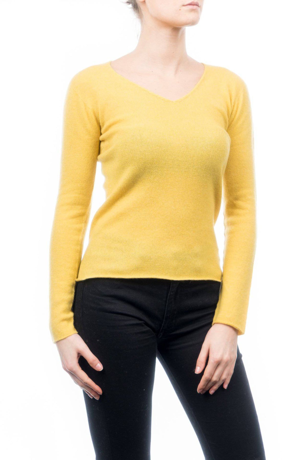 Women's 100% cashmere V-neck, colour Yellow, view 2 | Dalle Piane Cashmere