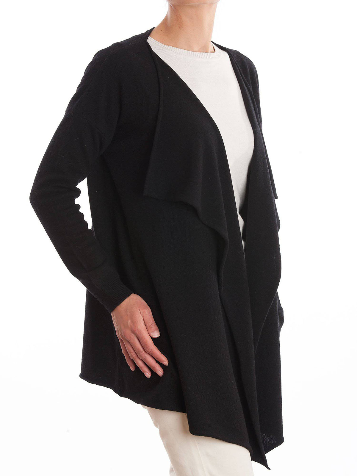 Women's asymmetric cashmere blend cardigan, colour Black, view 2 | Dalle Piane Cashmere