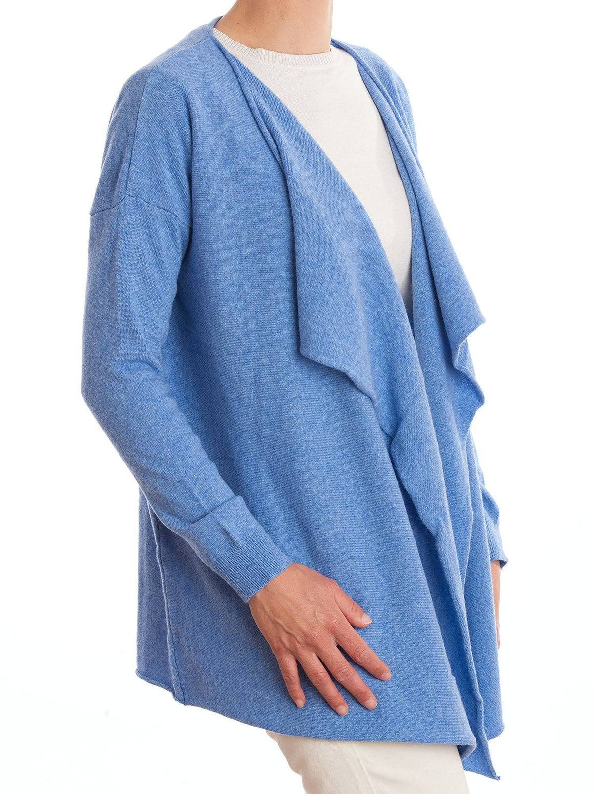 Women's asymmetric cashmere blend cardigan, colour Light Blue, view 2 | Dalle Piane Cashmere