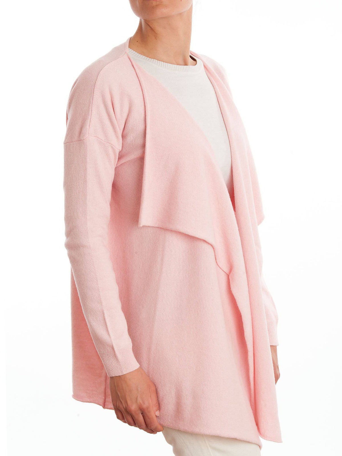 Women's asymmetric cashmere blend cardigan, colour Pink, view 2 | Dalle Piane Cashmere