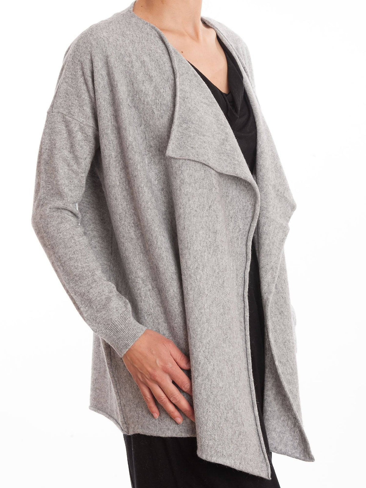 Women's asymmetric cashmere blend cardigan, colour Grey, view 2 | Dalle Piane Cashmere