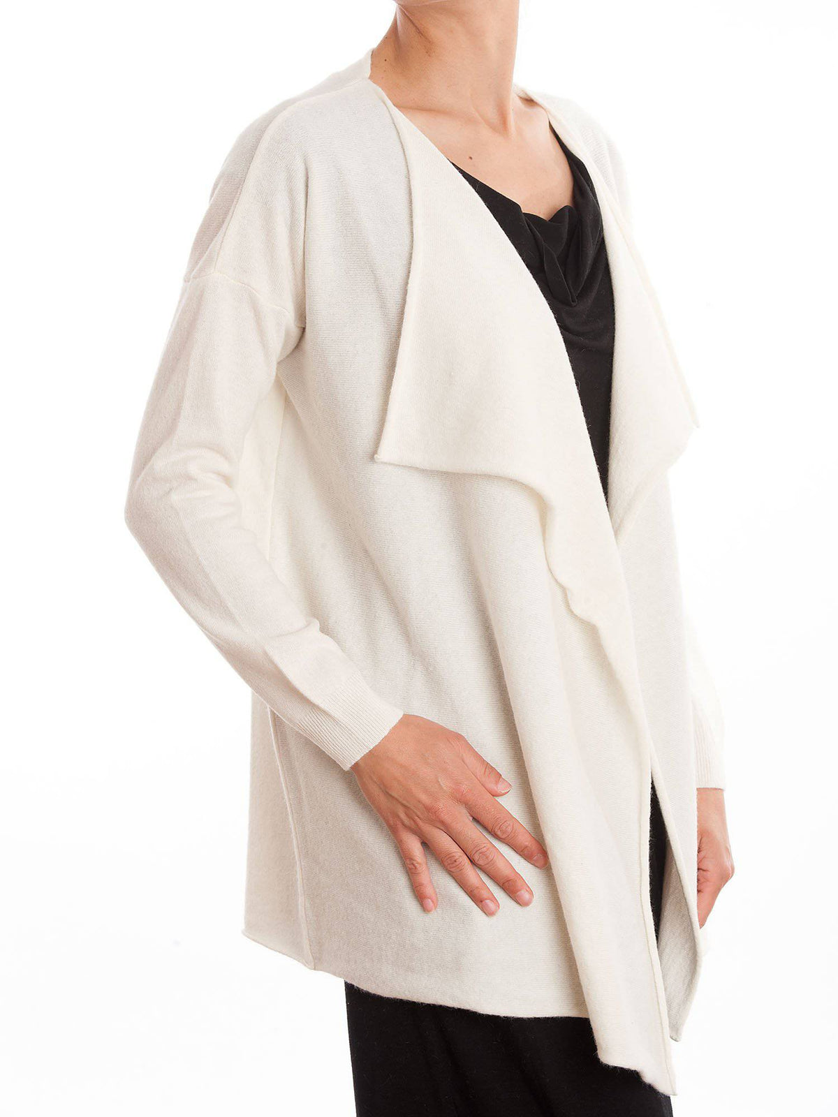 Women's asymmetric cashmere blend cardigan, colour Cream, view 2 | Dalle Piane Cashmere