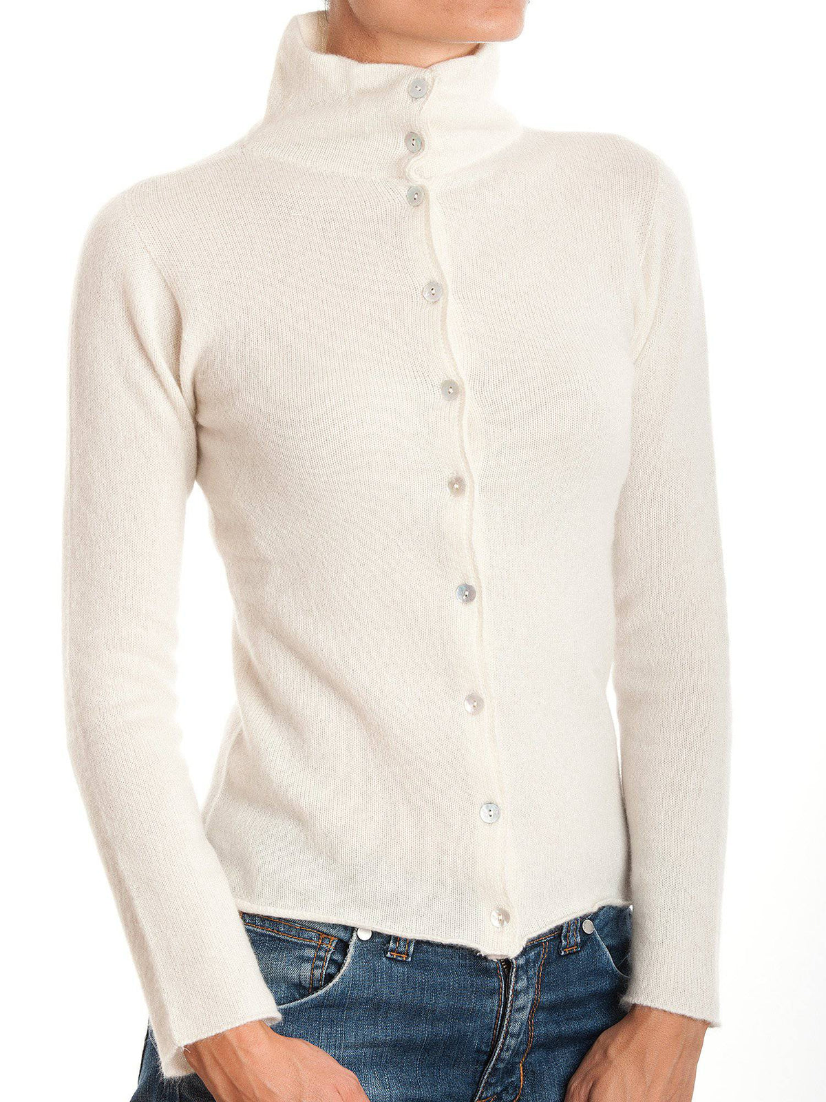 Women's 100% cashmere mock neck bomber, colour Cream | Dalle Piane Cashmere