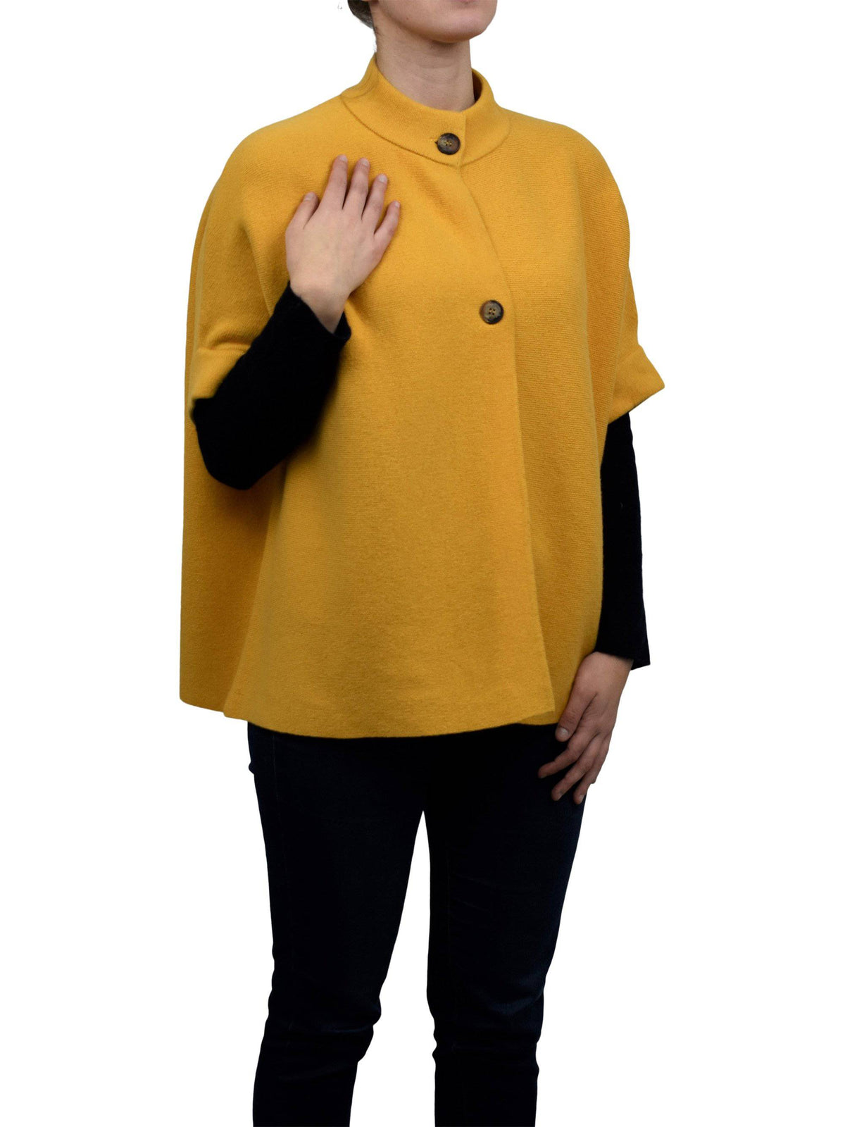 Cashmere blend cape with two front buttons, colour Yellow, view 2 | Dalle Piane Cashmere