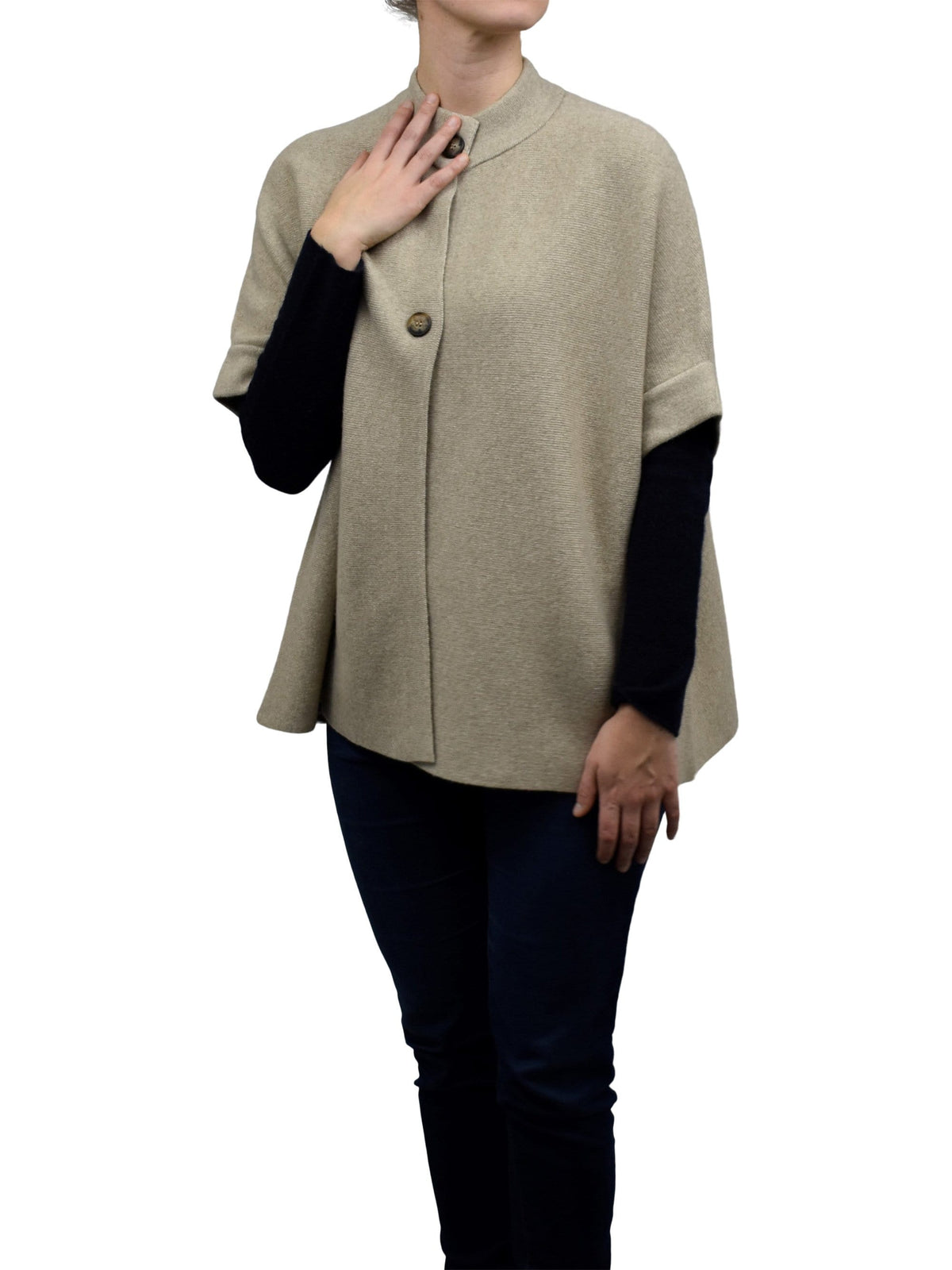 Cashmere blend cape with two front buttons, colour Beige, view 2 | Dalle Piane Cashmere