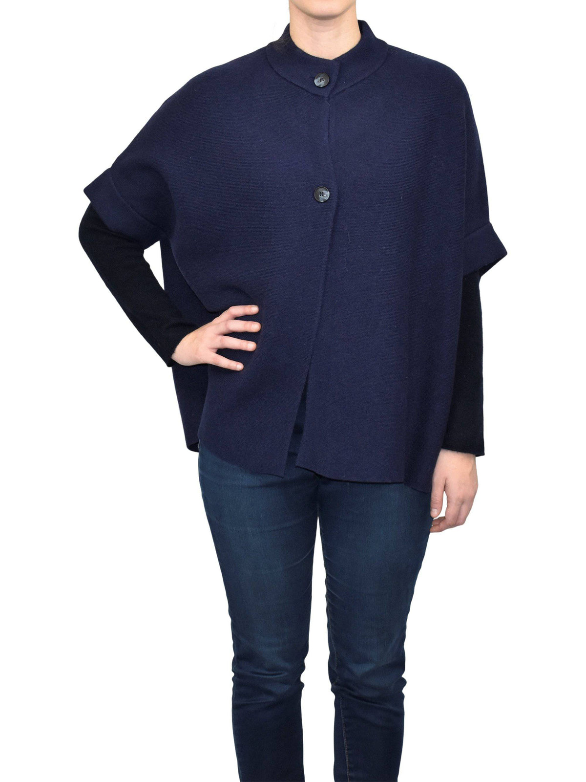 Cashmere blend cape with two front buttons, colour Blue | Dalle Piane Cashmere