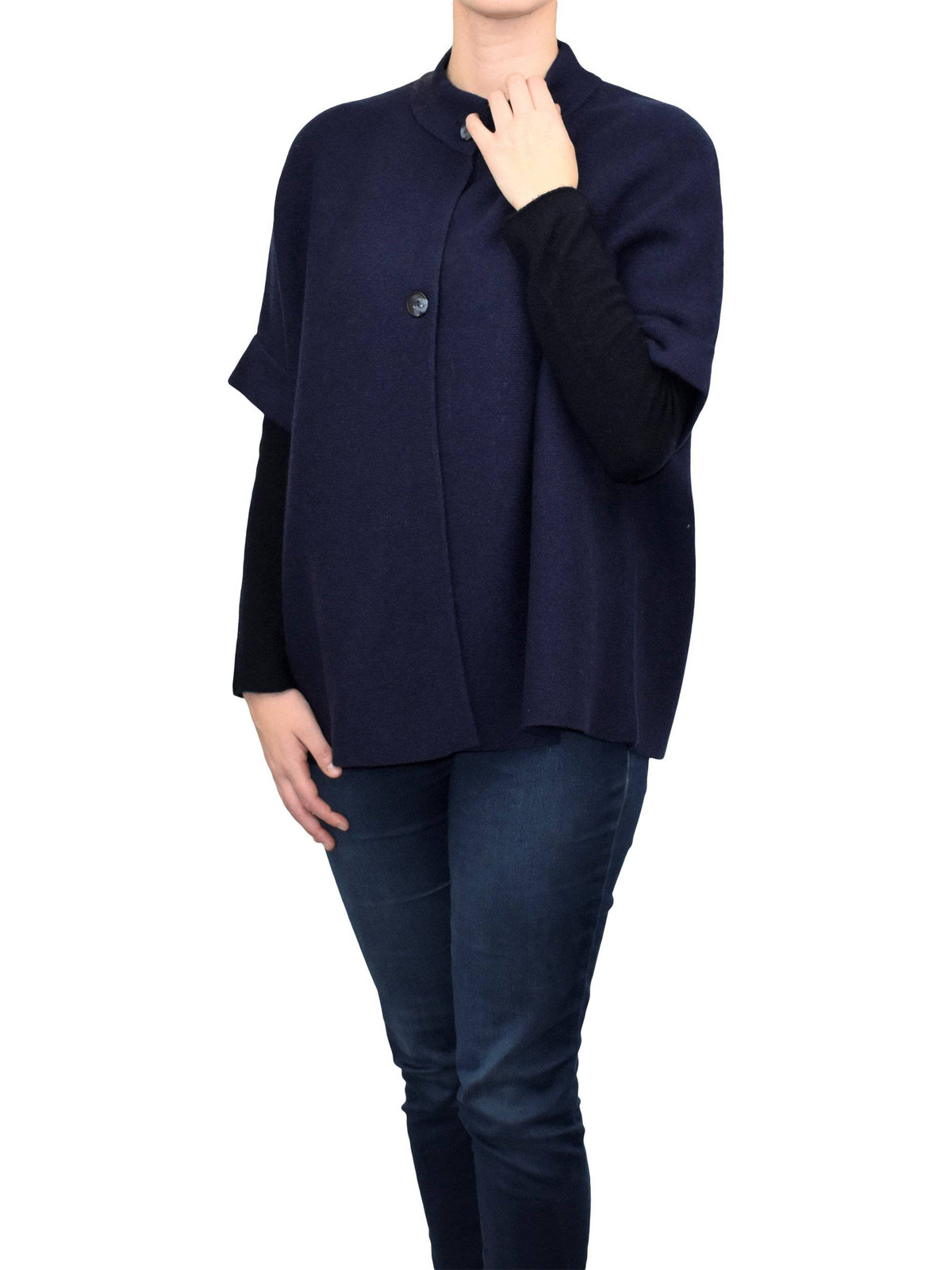Cashmere blend cape with two front buttons, colour Blue, view 2 | Dalle Piane Cashmere