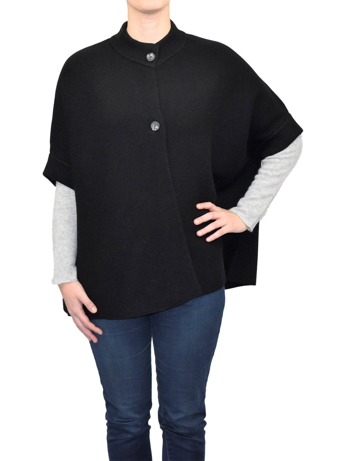 Cashmere blend cape with two front buttons, colour Black | Dalle Piane Cashmere