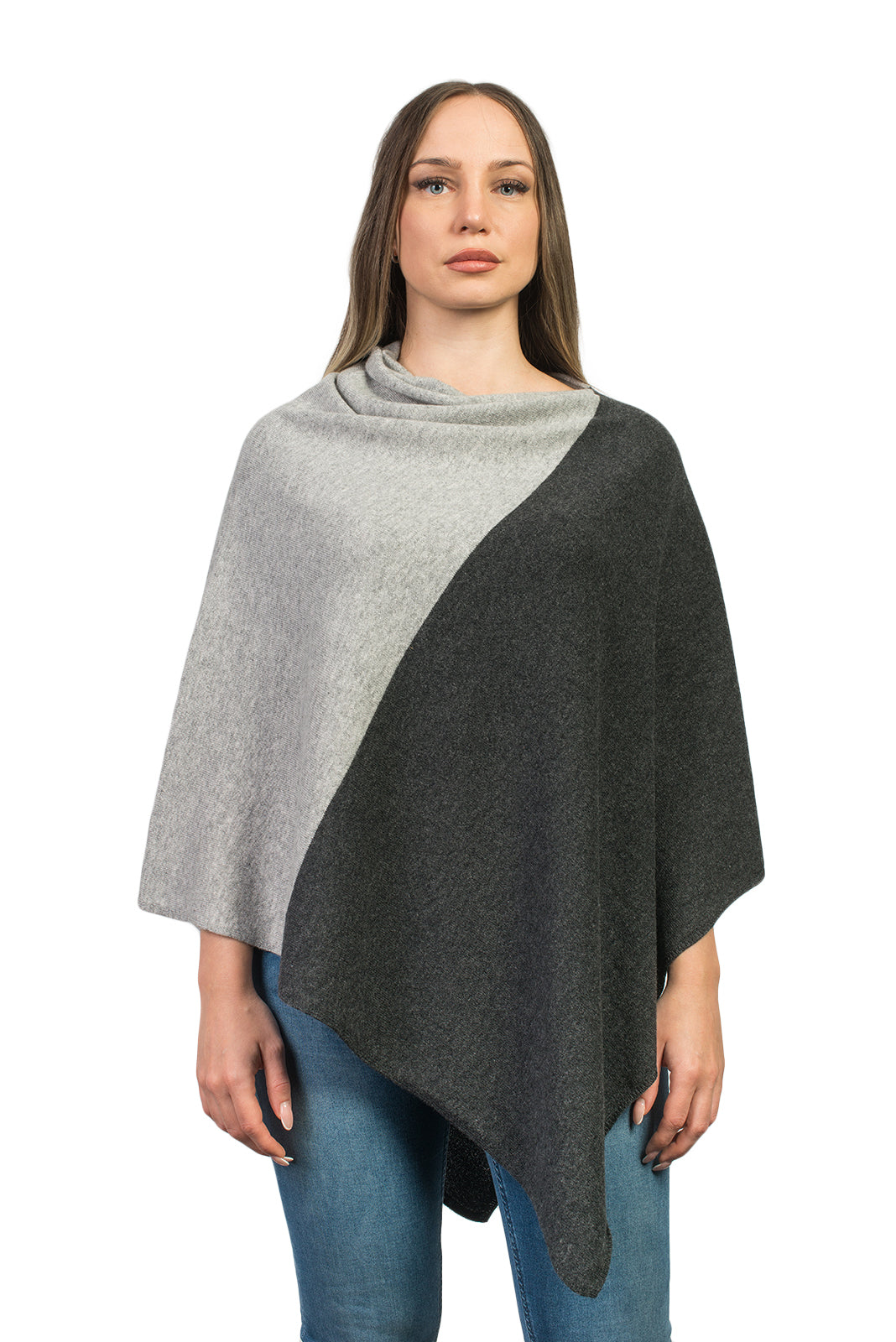 Two-tone 100% cashmere poncho, colour Anthracite-Grey | Dalle Piane Cashmere