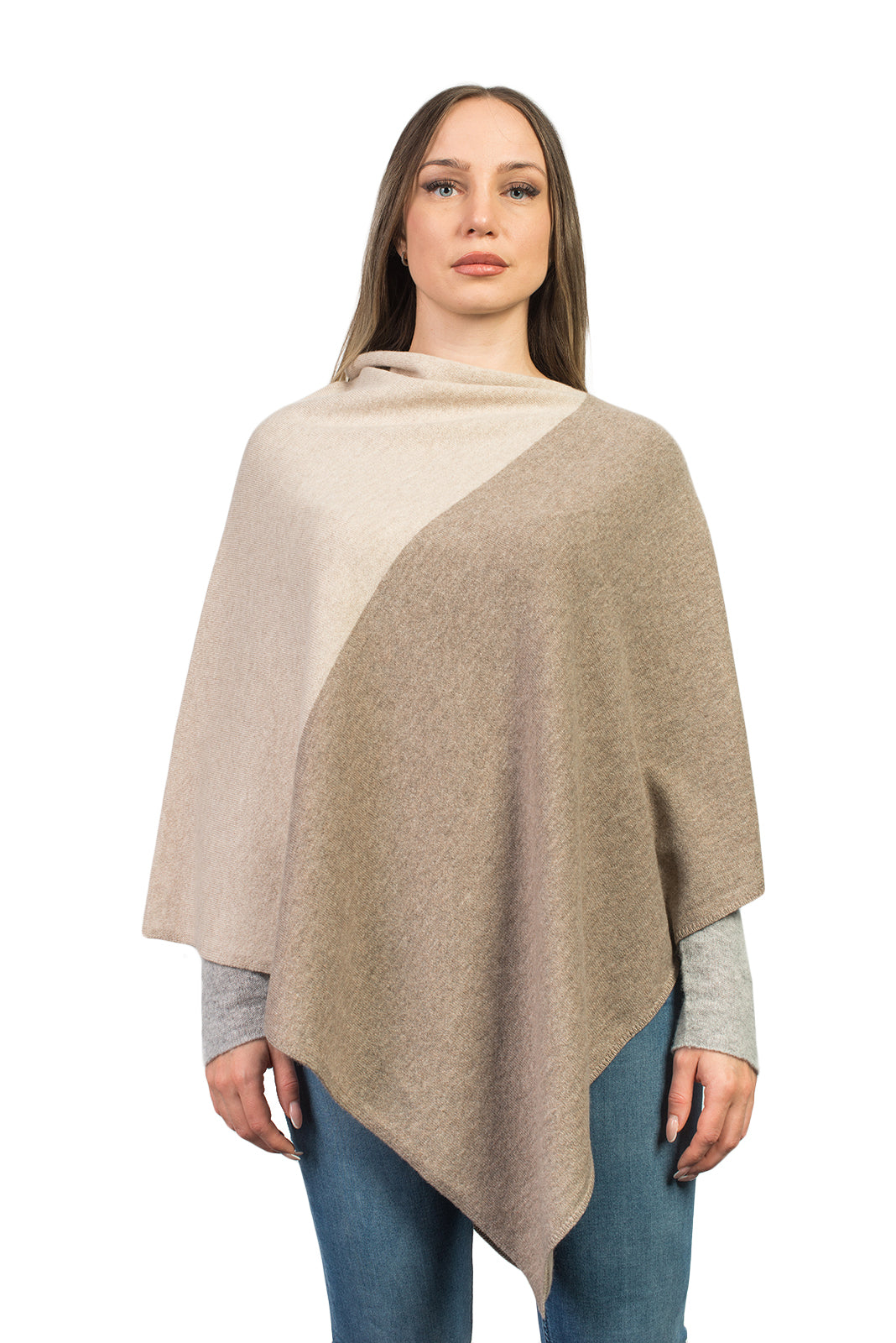 Two-tone 100% cashmere poncho, colour Mink-Beige | Dalle Piane Cashmere