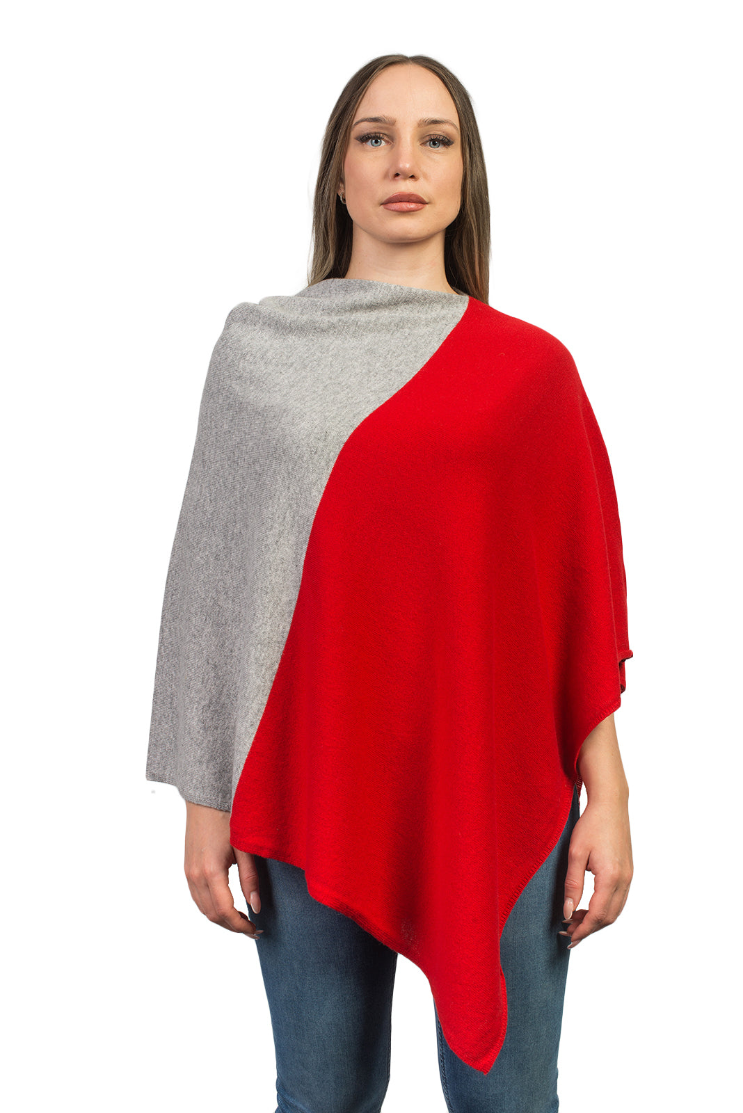 Two-tone 100% cashmere poncho, colour Red-Grey | Dalle Piane Cashmere