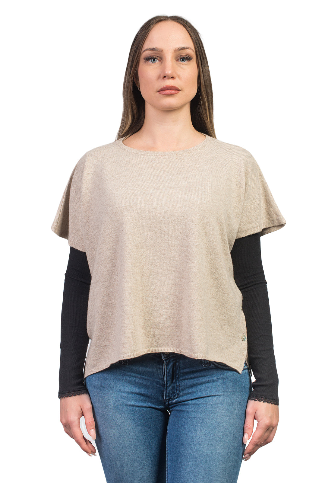 Women's cashmere blend crewneck with side buttons, colour Beige | Dalle Piane Cashmere