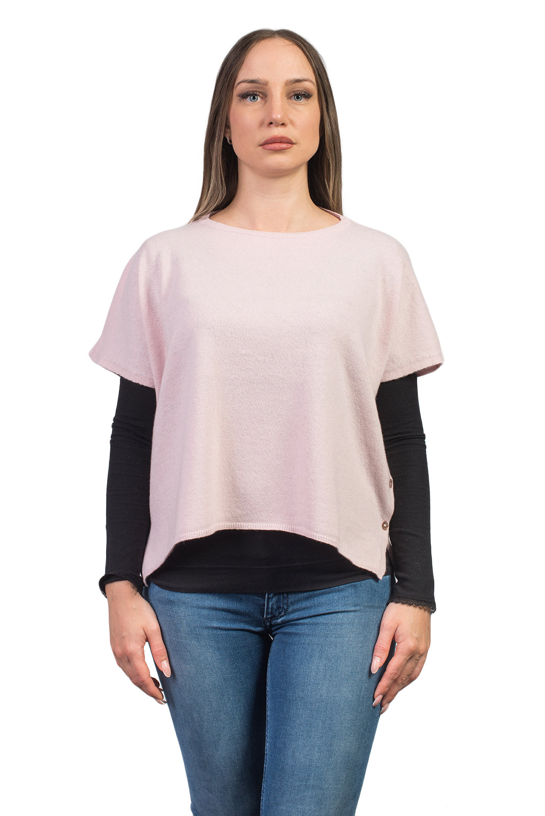 Women's cashmere blend crewneck with side buttons, colour Pink | Dalle Piane Cashmere