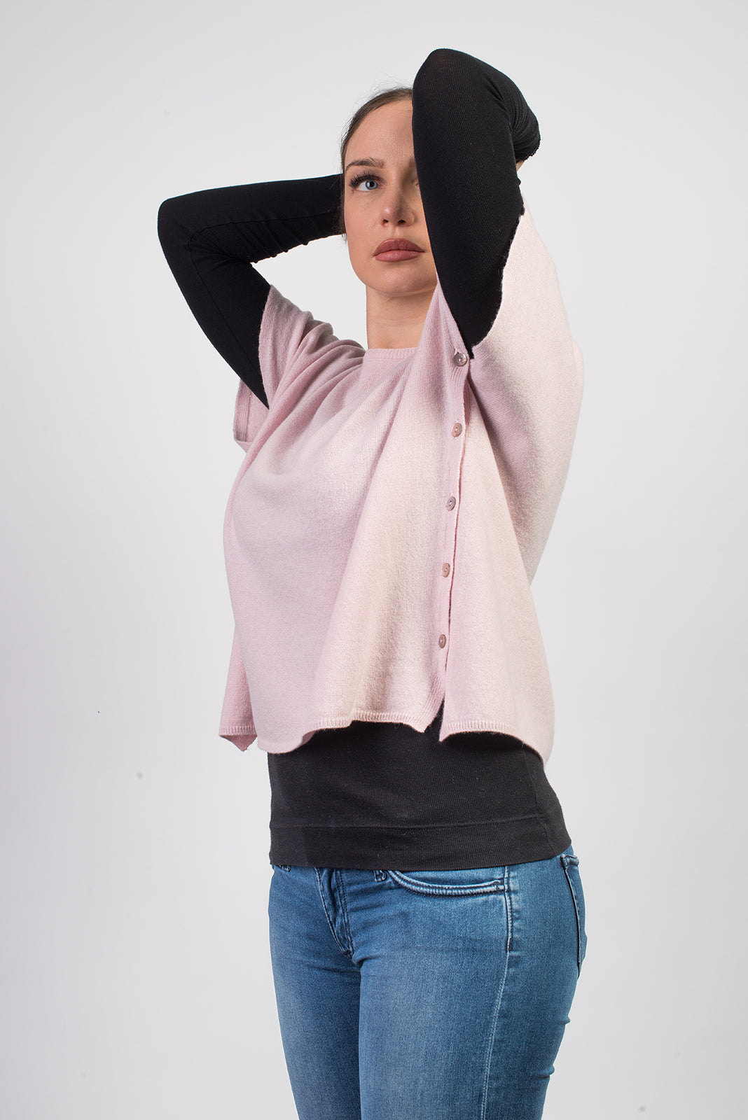 Women's cashmere blend crewneck with side buttons, colour Pink, view 2 | Dalle Piane Cashmere
