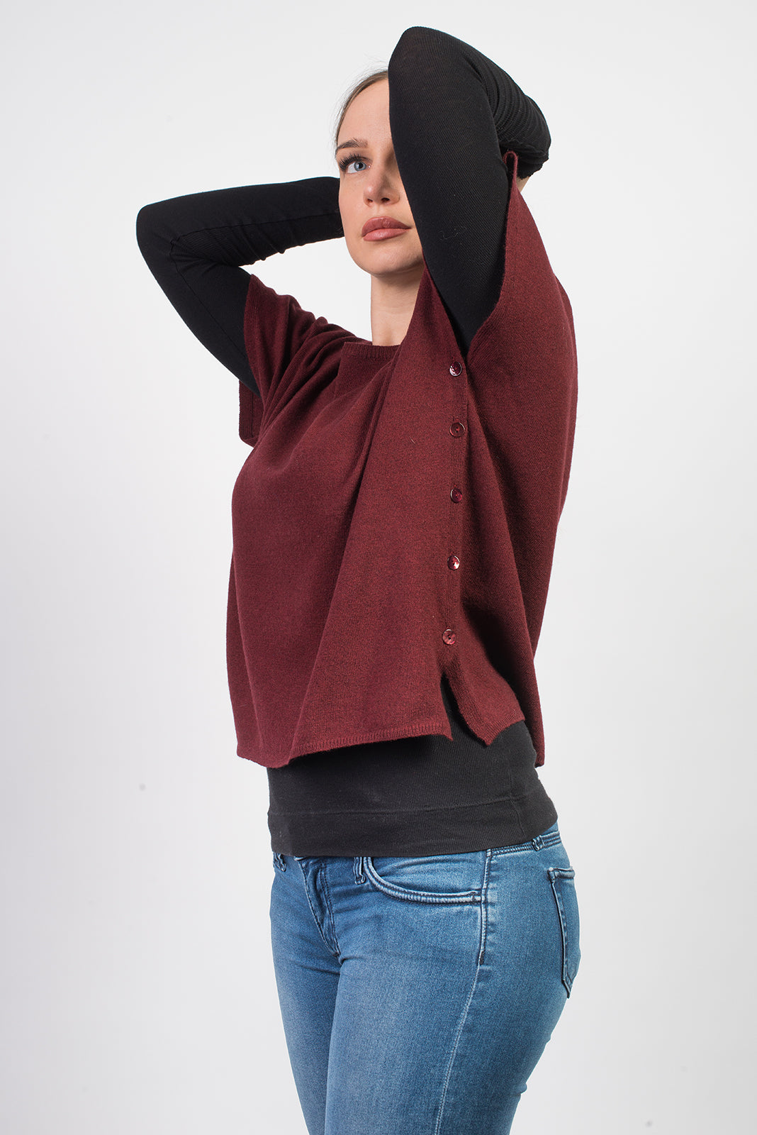 Women's cashmere blend crewneck with side buttons, colour Bordeaux, view 2 | Dalle Piane Cashmere