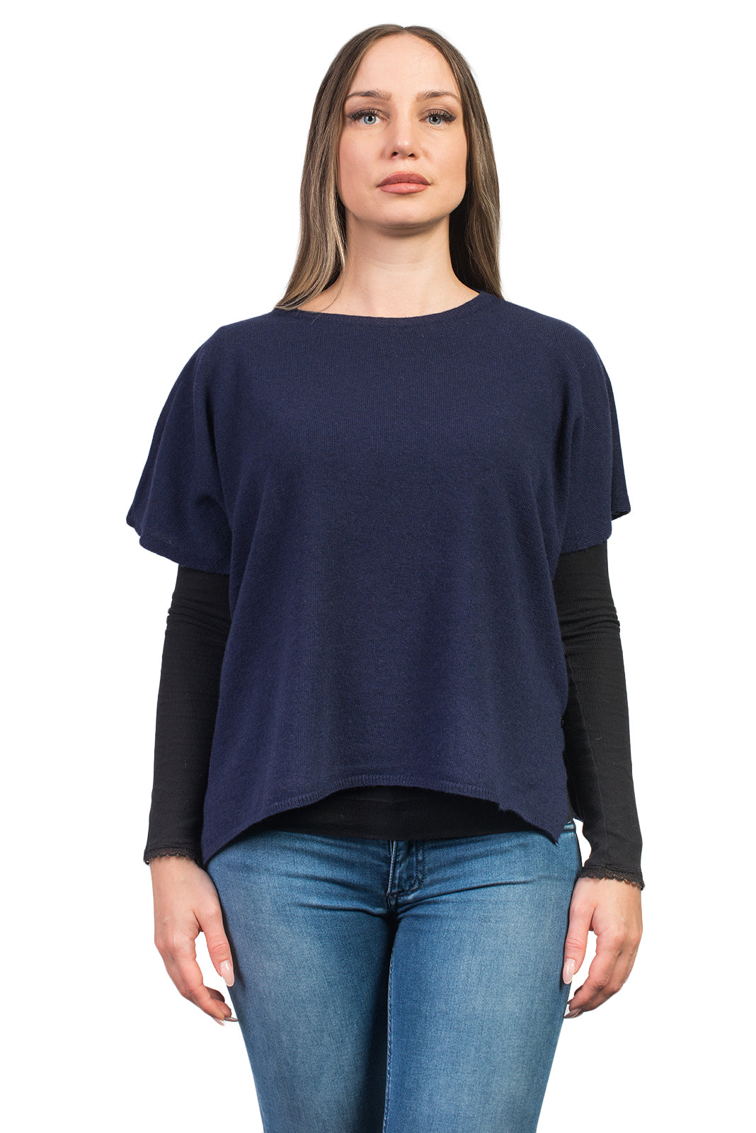 Women's cashmere blend crewneck with side buttons, colour Blue | Dalle Piane Cashmere