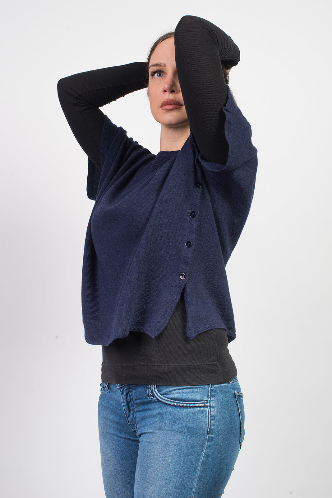 Women's cashmere blend crewneck with side buttons, colour Blue, view 2 | Dalle Piane Cashmere