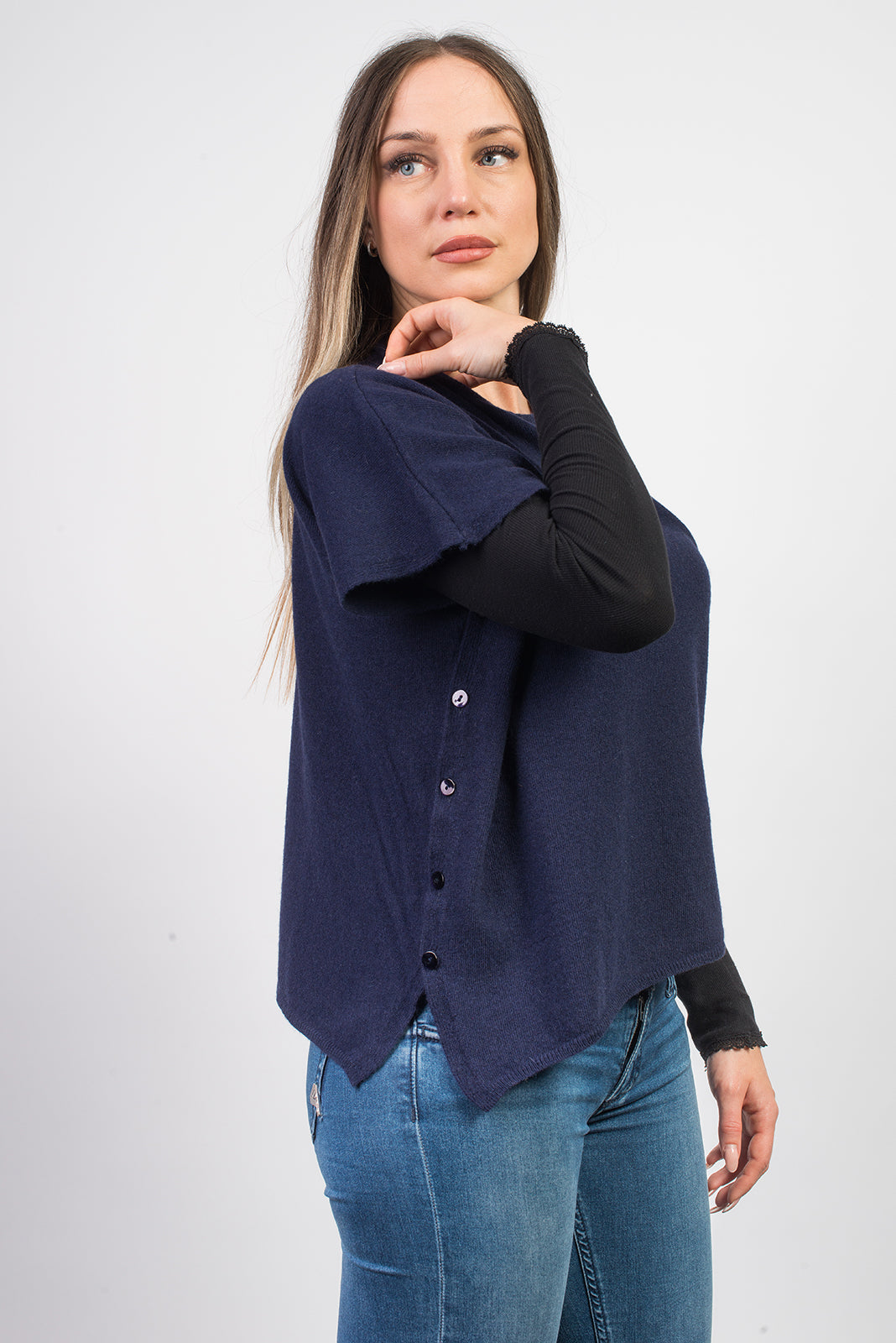 Women's cashmere blend crewneck with side buttons, colour Blue, view 3 | Dalle Piane Cashmere