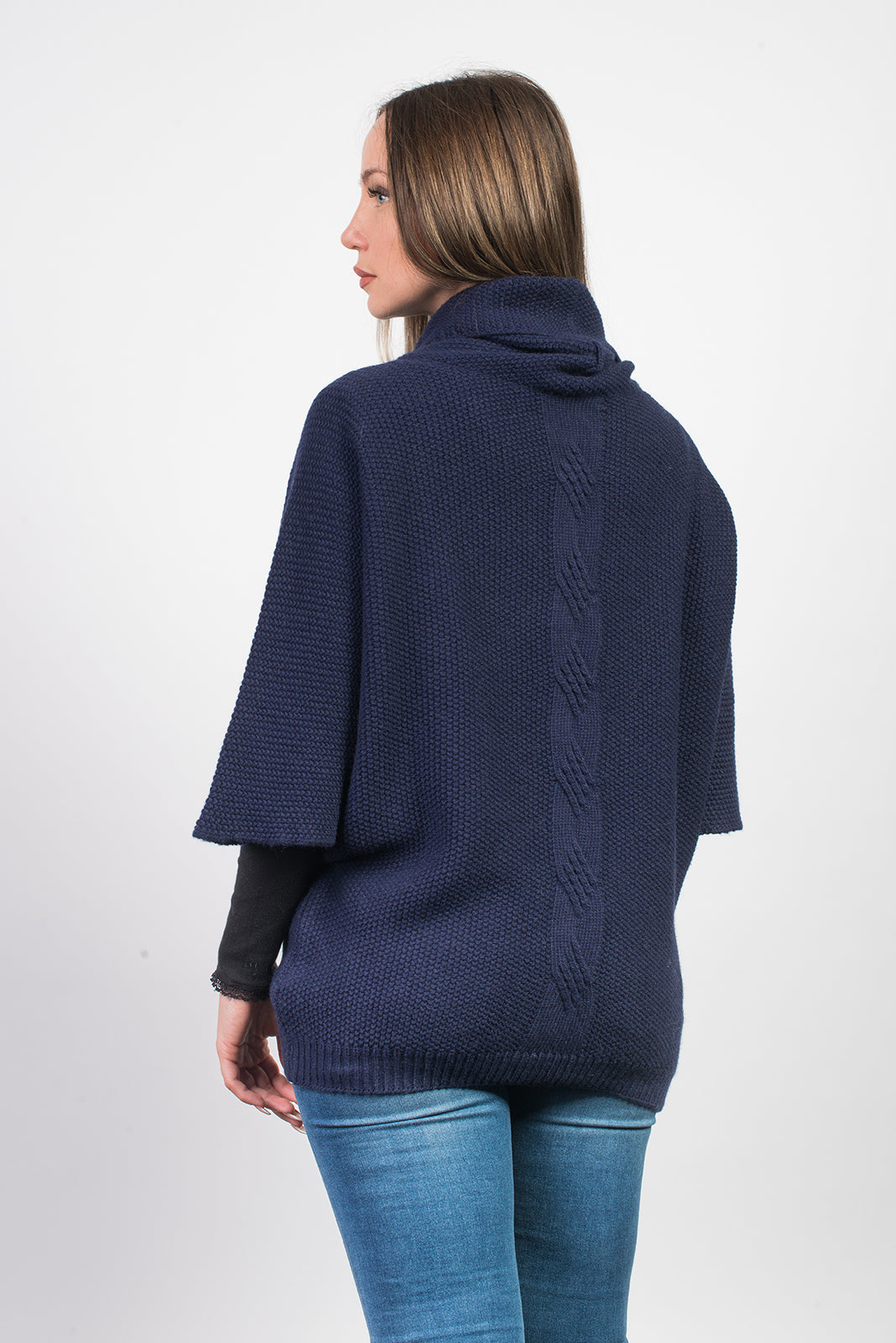 Women's cable-knit cashmere blend sweater, colour Blue, view 3 | Dalle Piane Cashmere