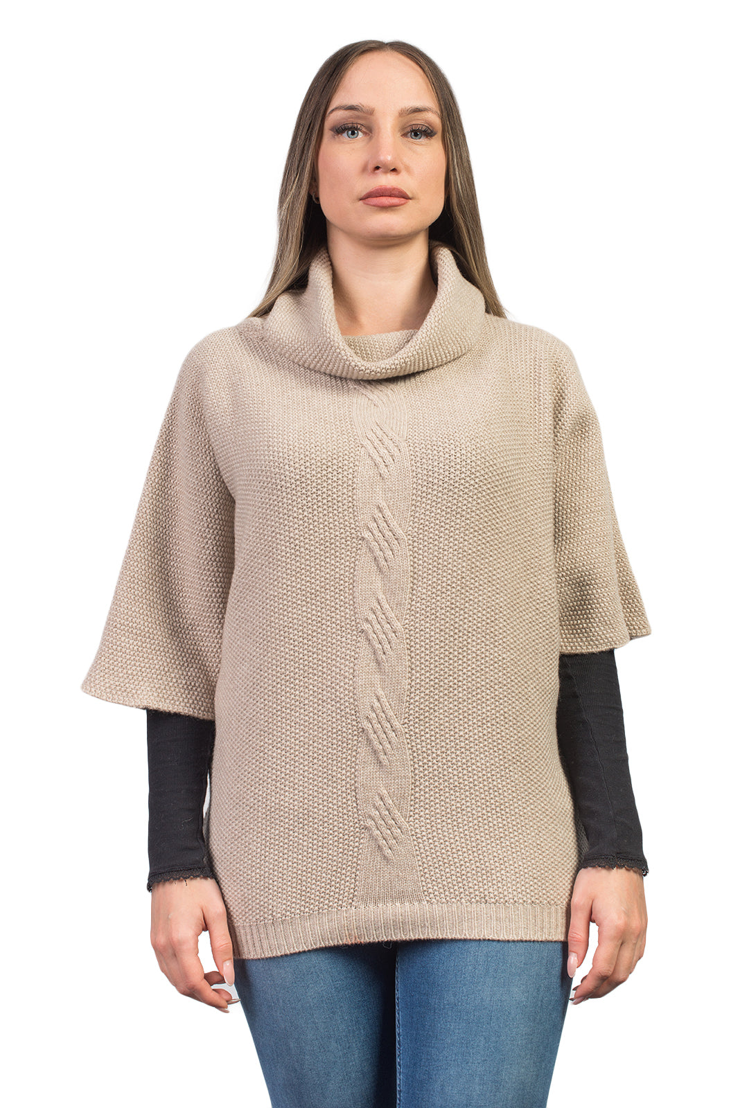 Women's cable-knit cashmere blend sweater, colour Beige | Dalle Piane Cashmere