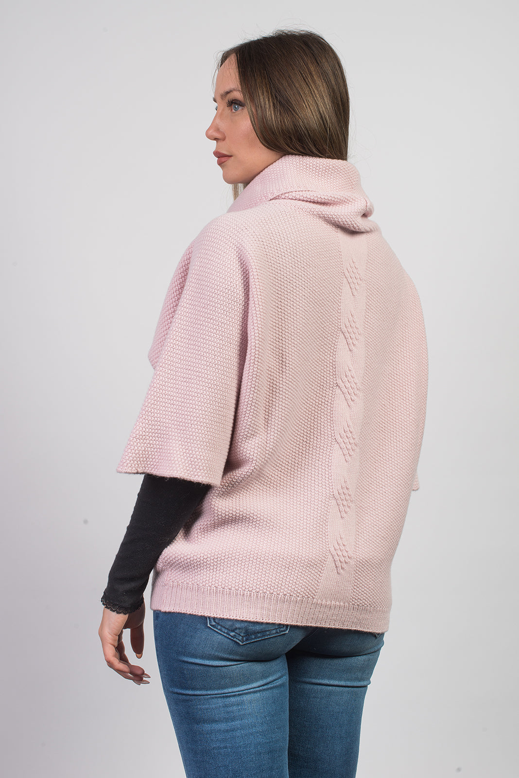 Women's cable-knit cashmere blend sweater, colour Pink, view 3 | Dalle Piane Cashmere
