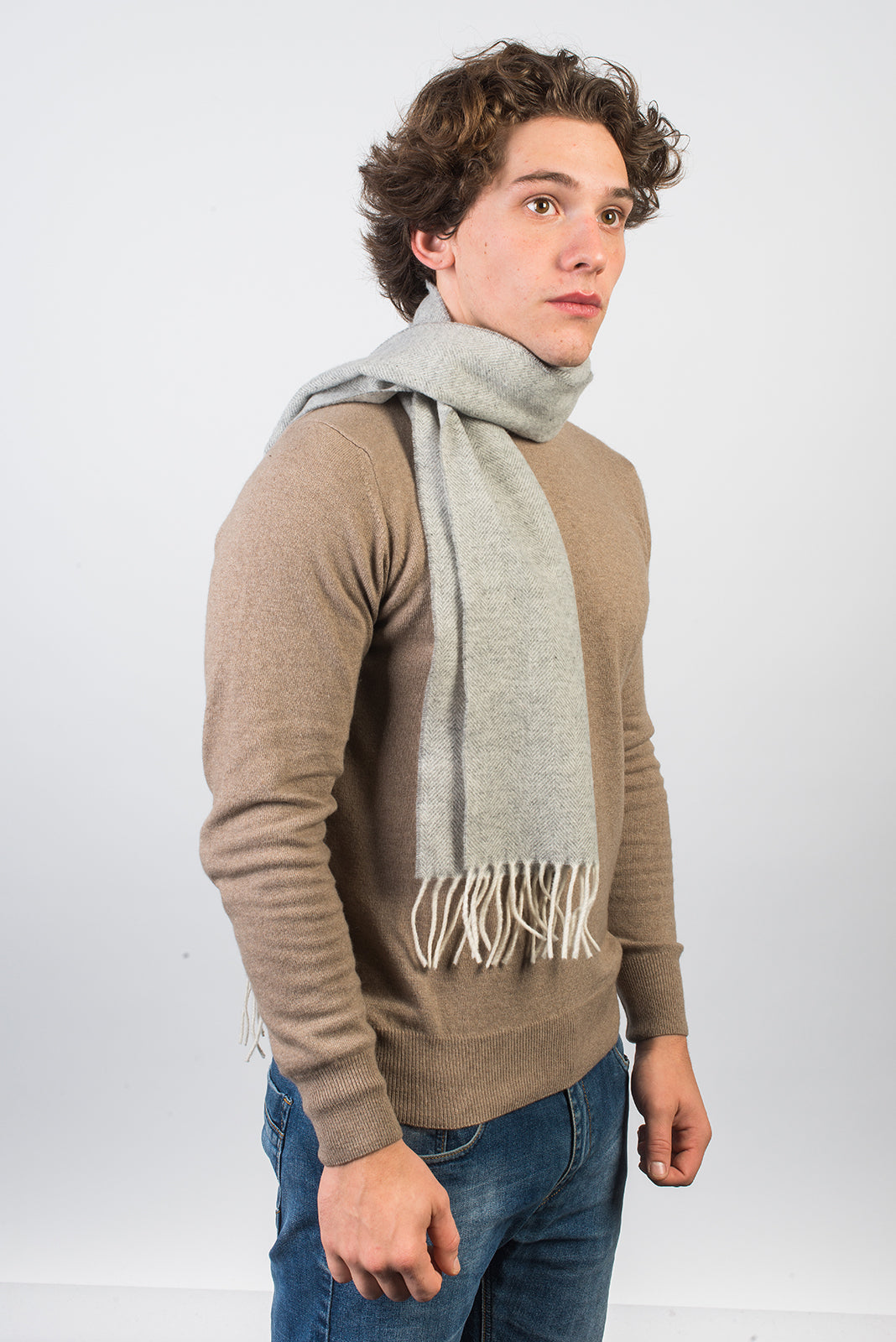 Herringbone wool and cashmere scarf, colour Light Grey, view 2 | Dalle Piane Cashmere