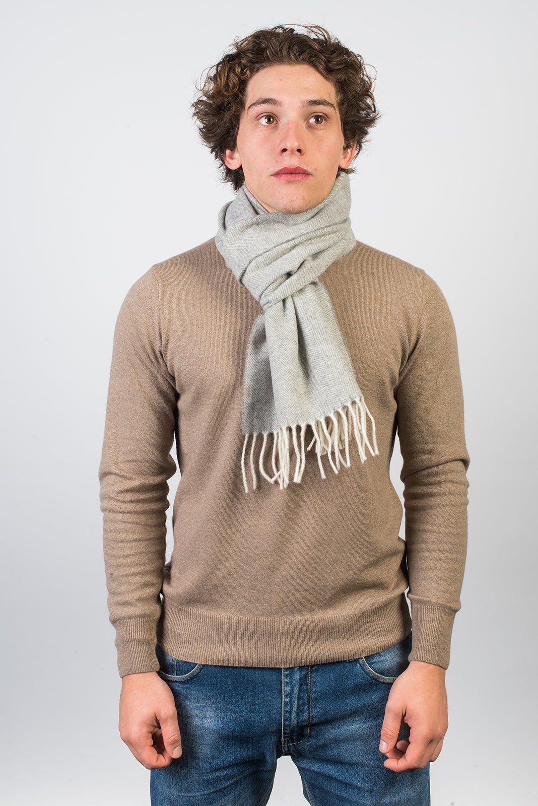 Herringbone wool and cashmere scarf, colour Light Grey, view 3 | Dalle Piane Cashmere