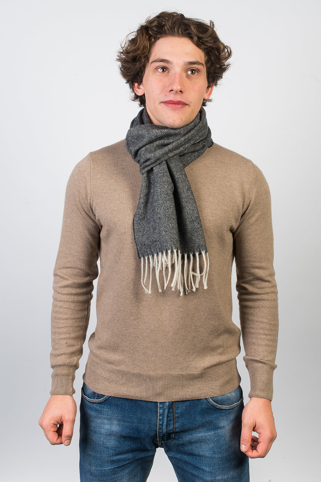 Herringbone wool and cashmere scarf, colour Black, view 3 | Dalle Piane Cashmere