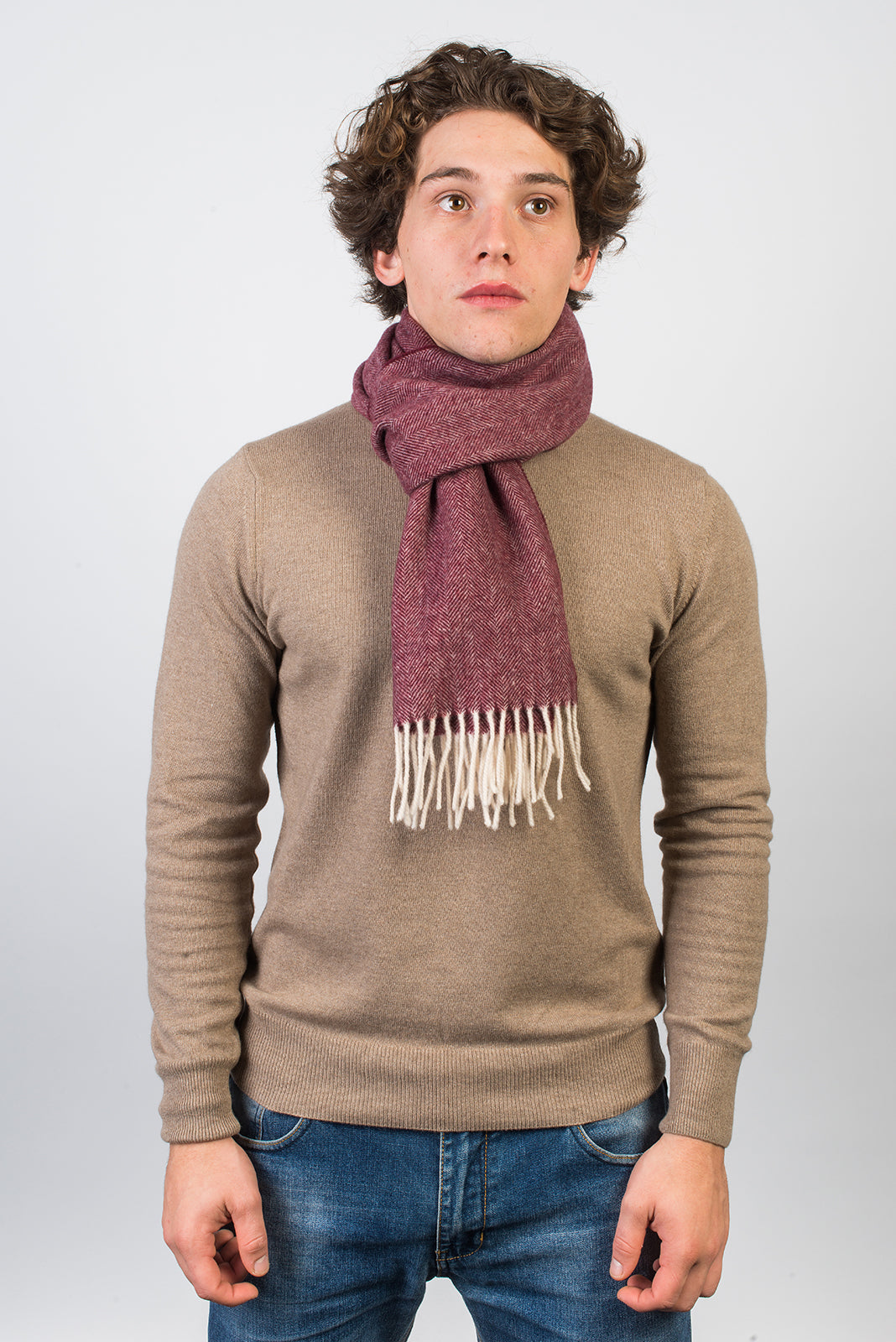 Herringbone wool and cashmere scarf, colour Bordeaux, view 3 | Dalle Piane Cashmere