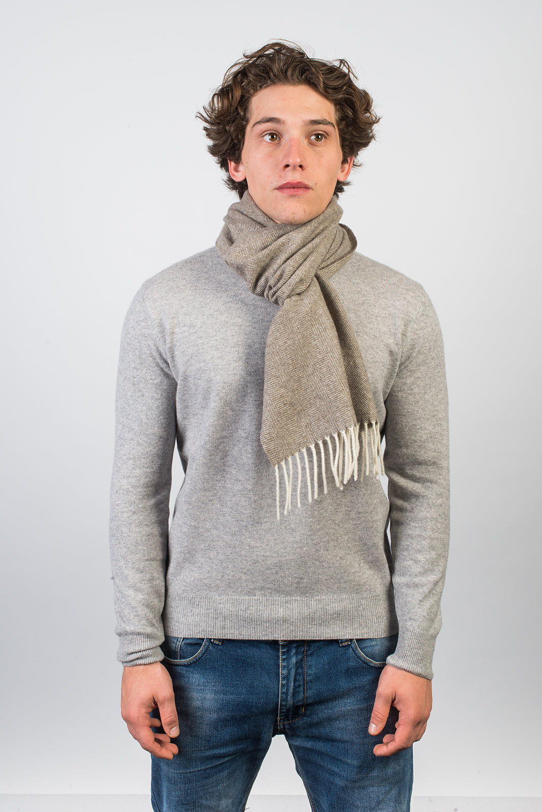 Herringbone wool and cashmere scarf, colour Taupe, view 3 | Dalle Piane Cashmere